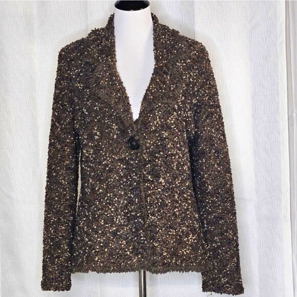 Laura Ashley Variegated Chunky Knit Brown & Gray Fringe Trim Cardigan Sweater - Picture 1 of 10
